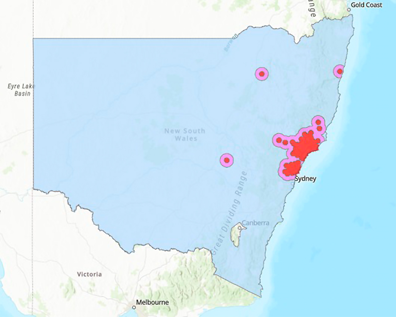 The map shows the current extent of the Varroa Mite population in NSW.